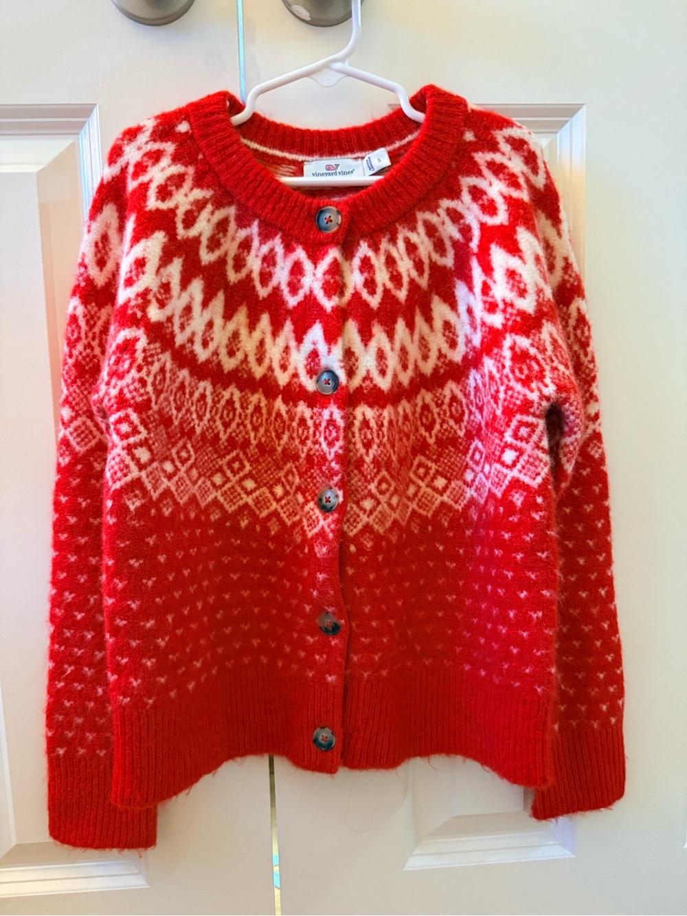 Vineyard Vines Girls Red and White Fair Isle Cardigan Sweater